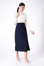 Load image into Gallery viewer, Navy high waist slit skirt mid calf

