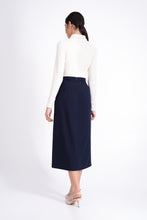 Load image into Gallery viewer, Navy high waist slit skirt mid calf
