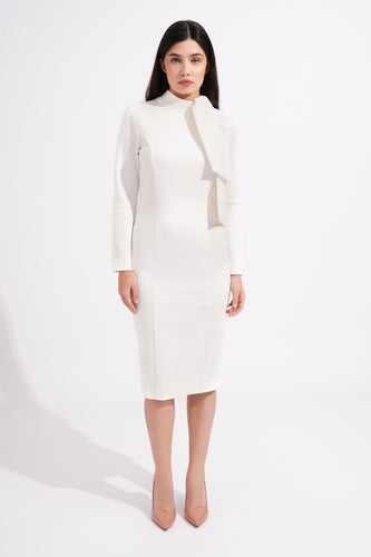 Elegant white pencil dress with long sleeves and bow detail