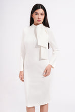 Load image into Gallery viewer, Elegant white pencil dress with long sleeves and bow detail - front view
