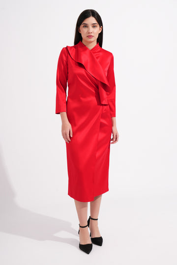 Red Satin Wrap Midi Dress with Ruffle