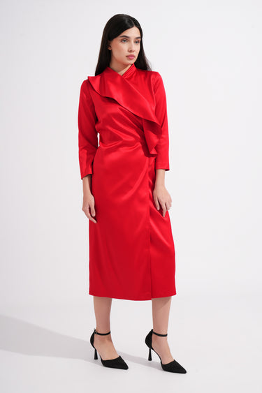 Red Satin Wrap Midi Dress with Ruffle
