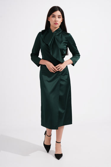 Dark Green Satin Wrap Midi Dress with Ruffle