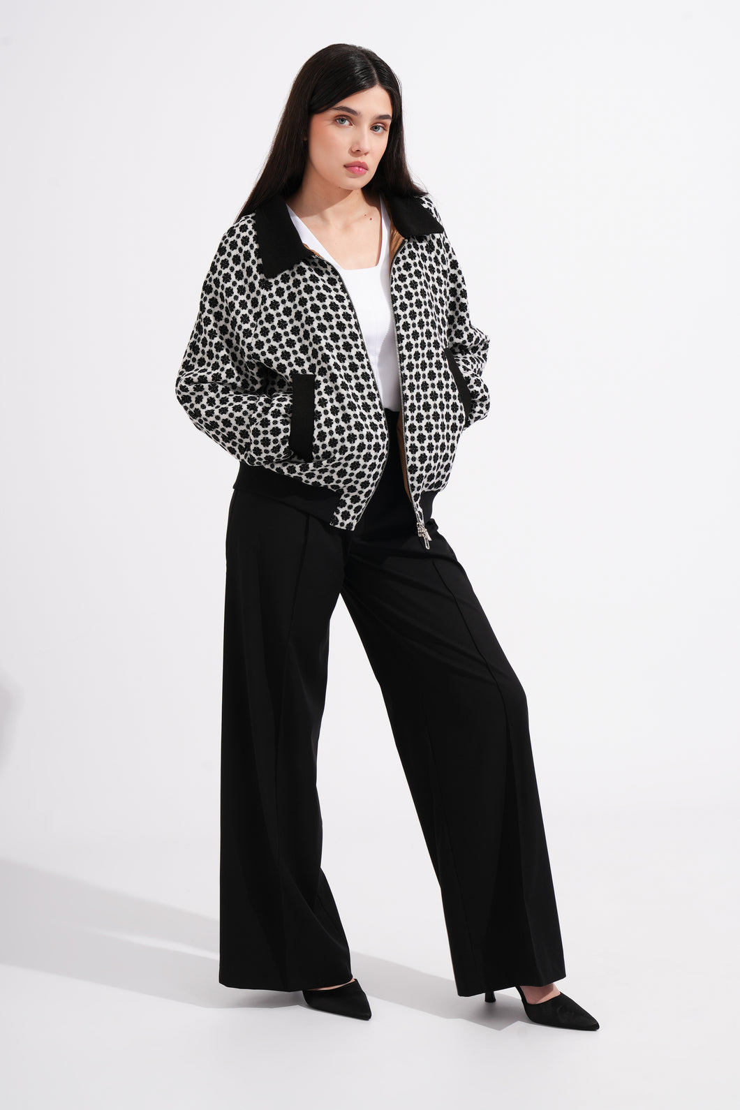 Black and White Wool Bomber Jacket