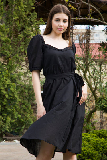 Black Cotton Voile Summer Dress with Puffy Sleeves and Flared Skirt 4 US / 38 EU