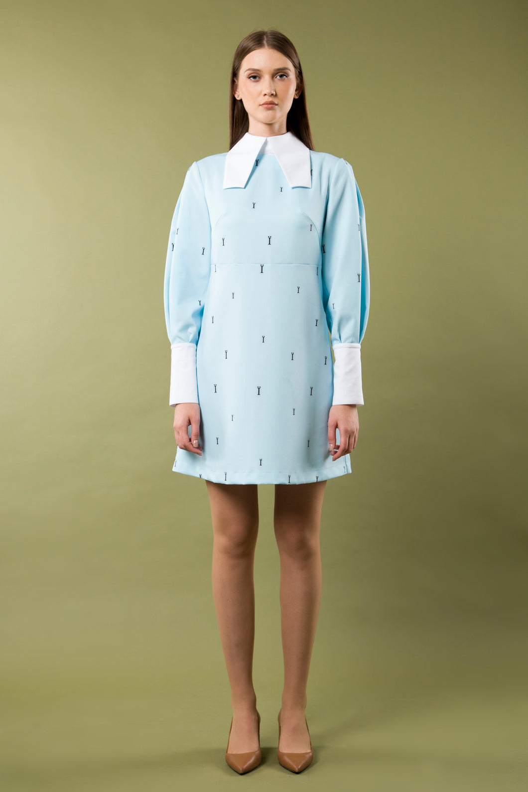 Light blue dress with white collar and cuffs