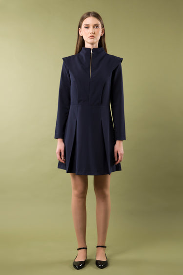 high neck pleated mini dress Chic Structured Mini Dress with High Neck Collar and Pleated Skirt 00 US / 32 EU
