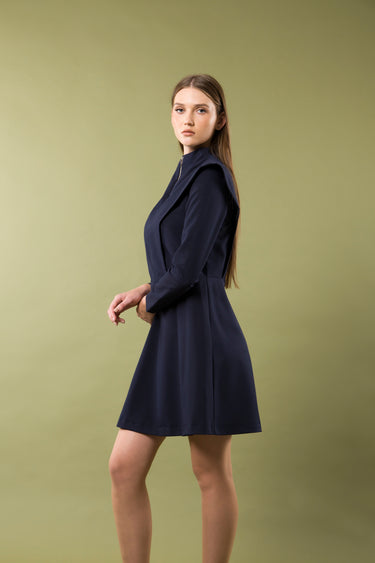 high neck structured mini dress Chic Structured Mini Dress with High Neck Collar and Pleated Skirt –  TAVROVSKA