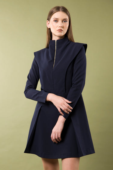 high neck structured mini dress Chic Structured Mini Dress with High Neck Collar and Pleated Skirt –  TAVROVSKA