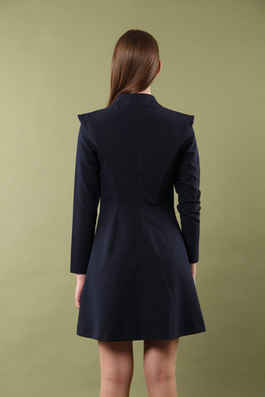 high neck structured mini dress Chic Structured Mini Dress with High Neck Collar and Pleated Skirt –  TAVROVSKA