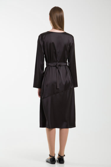 knee length dresses for ladies Black Satin Midi Dress with V-Neck and Long Sleeves