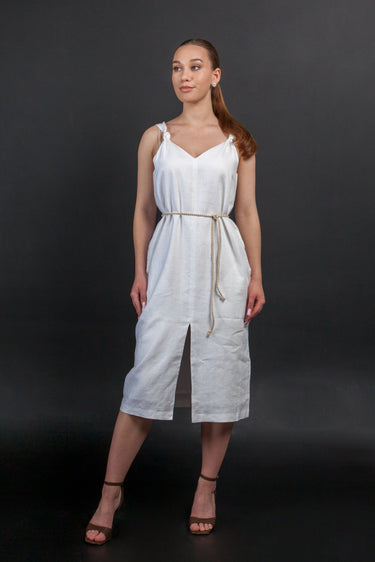White Linen Strap Dress with Pockets