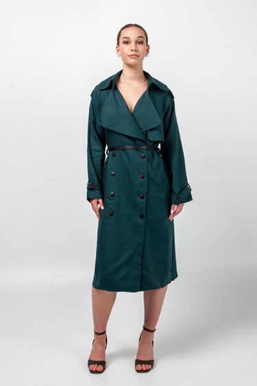 Dark Green Linen Trench Dress Long Sleeves
