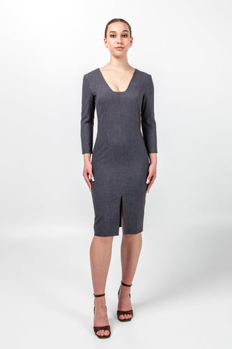 Gray business dress 3/4 sleeves, Square neck pencil dress work, Modern office attire women, Fitted professional dress tailored