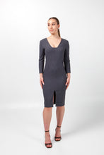 Load image into Gallery viewer, Gray business dress 3/4 sleeves, Square neck pencil dress work, Modern office attire women, Fitted professional dress tailored
