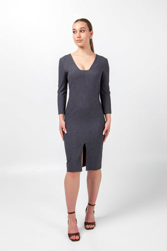 Gray business dress 3/4 sleeves, Square neck pencil dress work, Modern office attire women, Fitted professional dress tailored