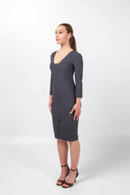 Load image into Gallery viewer, Gray business dress 3/4 sleeves, Square neck pencil dress work, Modern office attire women, Fitted professional dress tailored
