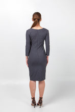 Load image into Gallery viewer, Gray business dress 3/4 sleeves, Square neck pencil dress work, Modern office attire women, Fitted professional dress tailored
