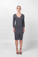 Load image into Gallery viewer, Gray business dress 3/4 sleeves, Square neck pencil dress work, Modern office attire women, Fitted professional dress tailored
