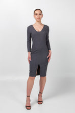 Load image into Gallery viewer, Gray business dress 3/4 sleeves, Square neck pencil dress work, Modern office attire women, Fitted professional dress tailored
