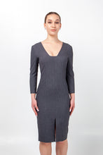 Load image into Gallery viewer, Gray business dress 3/4 sleeves, Square neck pencil dress work, Modern office attire women, Fitted professional dress tailored
