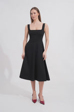 Load and play video in Gallery viewer, Black Midi Dress Square Neck Wide Strap Flared Skirt
