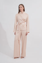 Load and play video in Gallery viewer, Beige Viscose Satin Lounge Set: Wrap Top &amp; Wide Leg Pants
