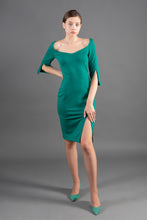Load image into Gallery viewer, Green midi back zip front slit cocktail dress
