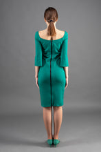 Load image into Gallery viewer, Green midi back zip front slit cocktail dress
