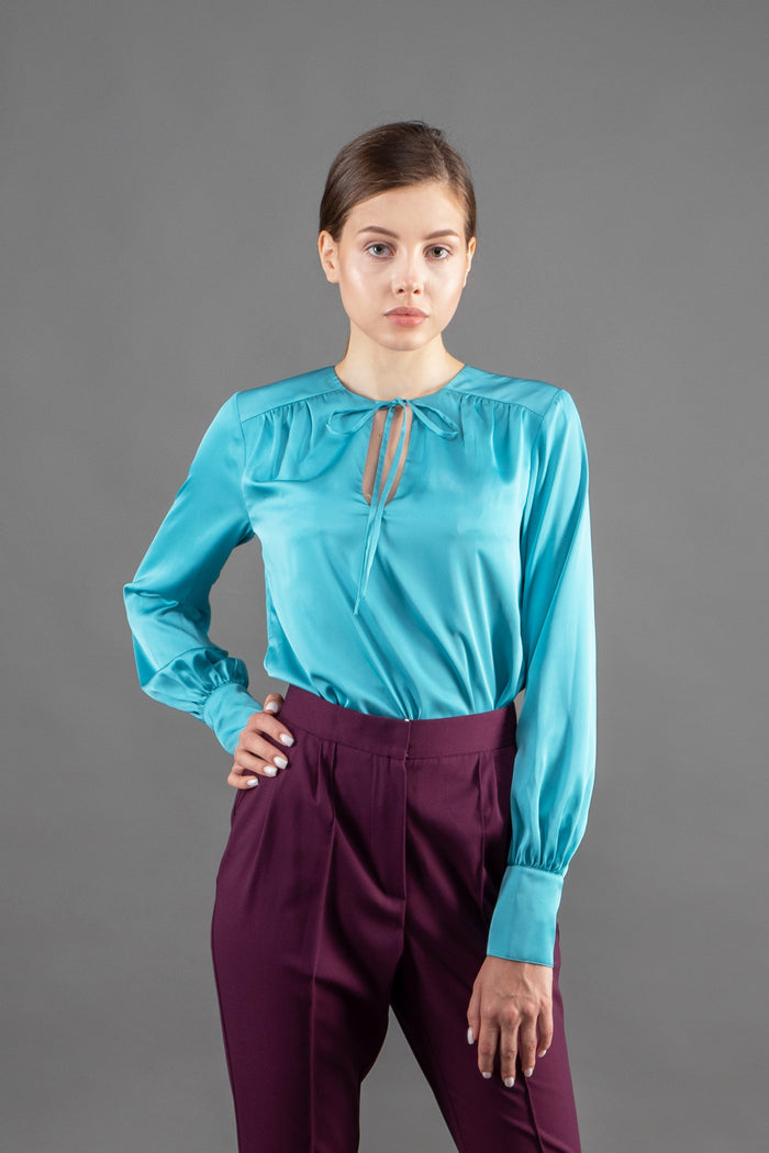 Silk satin blouse in bright blue
