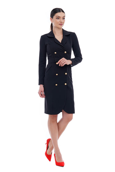 TAVROVSKA Black Blazer Dress – Gold Button, Tuxedo for Formal Events