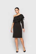 Load image into Gallery viewer, Black One shoulder midi Dress with chiffon ruffles
