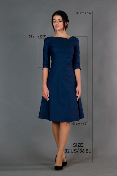 Blue Asymmetrical Fit and Flare Dress – Midi Length, 3/4 Sleeves – TAVROVSKA