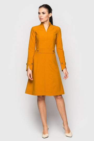 Mustard Fit & Flare Cocktail Dress with Stand Collar and Flared Skirt TAVROVSKA Mustard Fit & Flare Cocktail Dress with Stand Collar and Flared Skirt TAVROVSKA