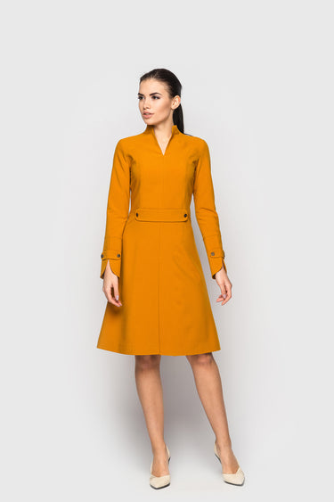 mustard fit and flare dress Mustard Fit & Flare Cocktail Dress with Stand Collar and Flared Skirt –  TAVROVSKA