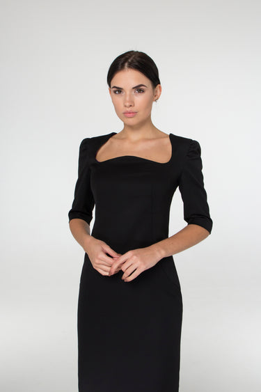 Black Midi Pencil Dress Extraordinary Neckline, 3/4 Puffy Sleeves 12 US / 46 EU Black Midi Pencil Dress Extraordinary Neckline, 3/4 Puffy Sleeves 12 US / 46 EU