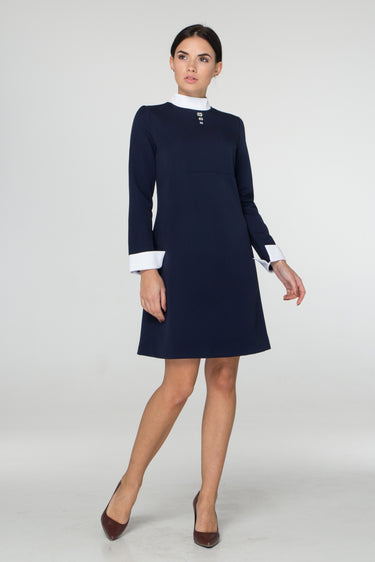 Blue Empire Waist Dress White Collar, A-Line Silhouette, Mini Length 00 US / 32 EU Blue Empire Waist Dress White Collar, A-Line Silhouette, Mini Length 00 US / 32 EU
