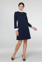 Load image into Gallery viewer, Blue empire waist dress with white collar
