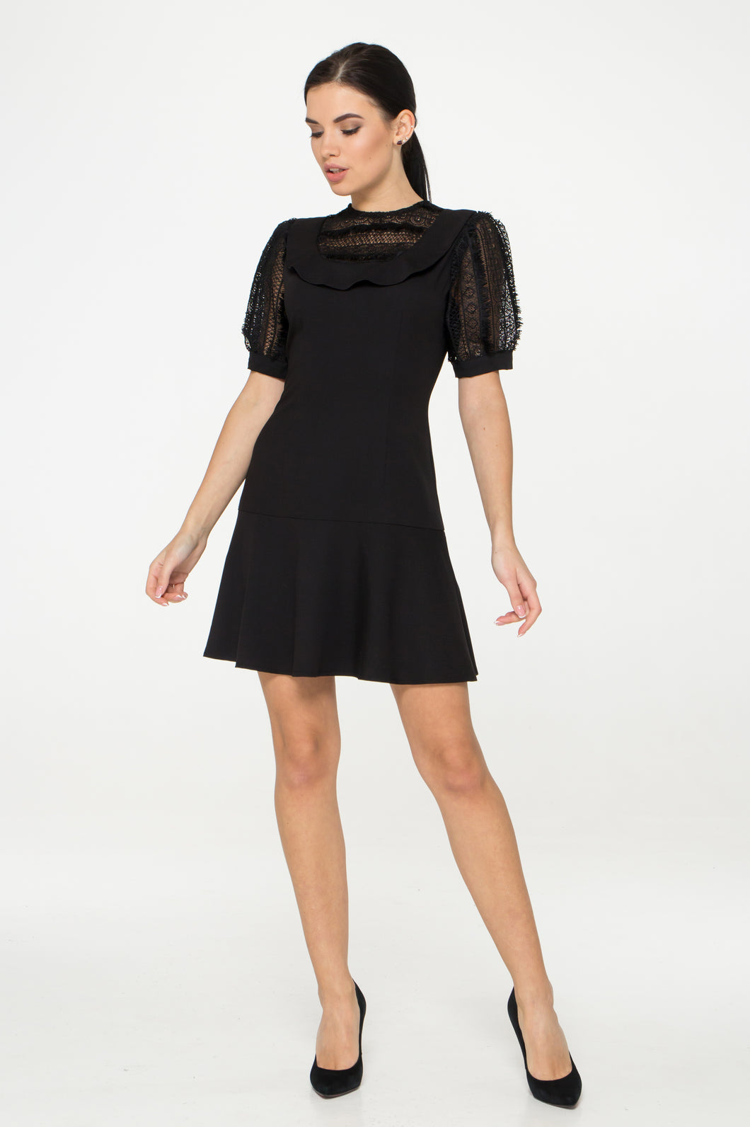 Black cocktail dress with lace puffy sleeves