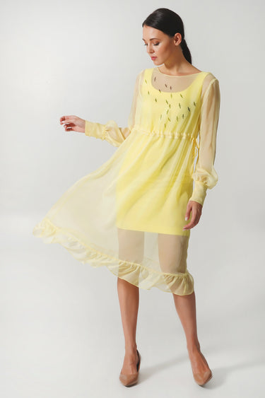 Yellow pencil dress with the see through overlay Yellow pencil dress with the see through overlay