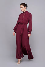 Load image into Gallery viewer, High neck puffy sleeves burgundy maxi dress
