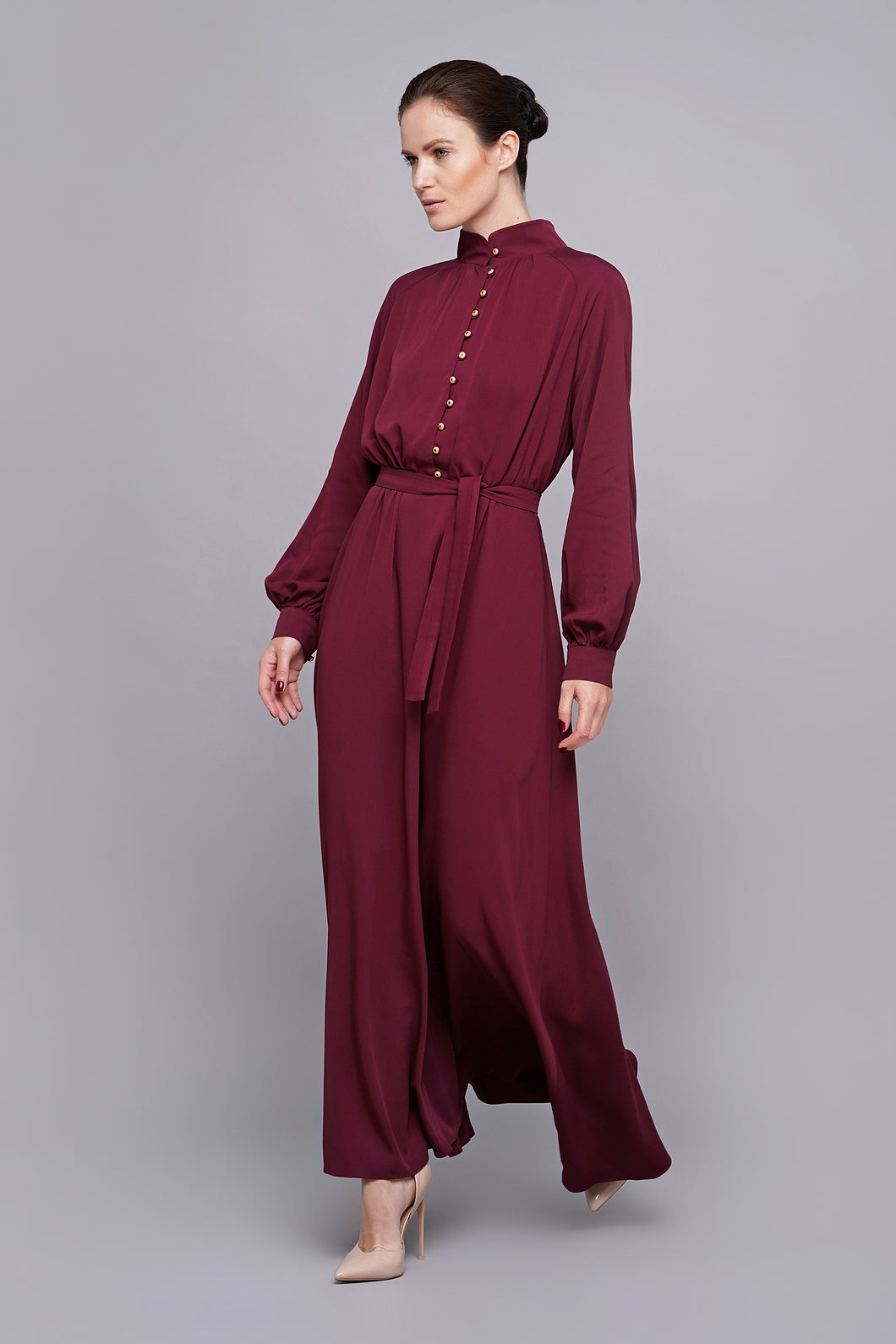 High neck puffy sleeves burgundy maxi dress