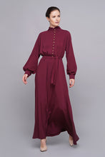 Load image into Gallery viewer, High neck puffy sleeves burgundy maxi dress
