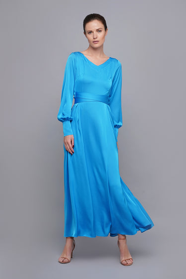 knee length dresses for ladies Theatrical Satin Maxi Dress With Long Sleeve Ruffle – kalisa main image 1