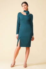 Load image into Gallery viewer, Green midi dress with neck scarf
