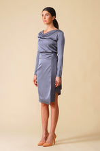 Load image into Gallery viewer, Gray cowl neck long sleeve satin midi dress
