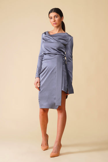 Gray cowl neck long sleeve satin midi dress – TAVROVSKA