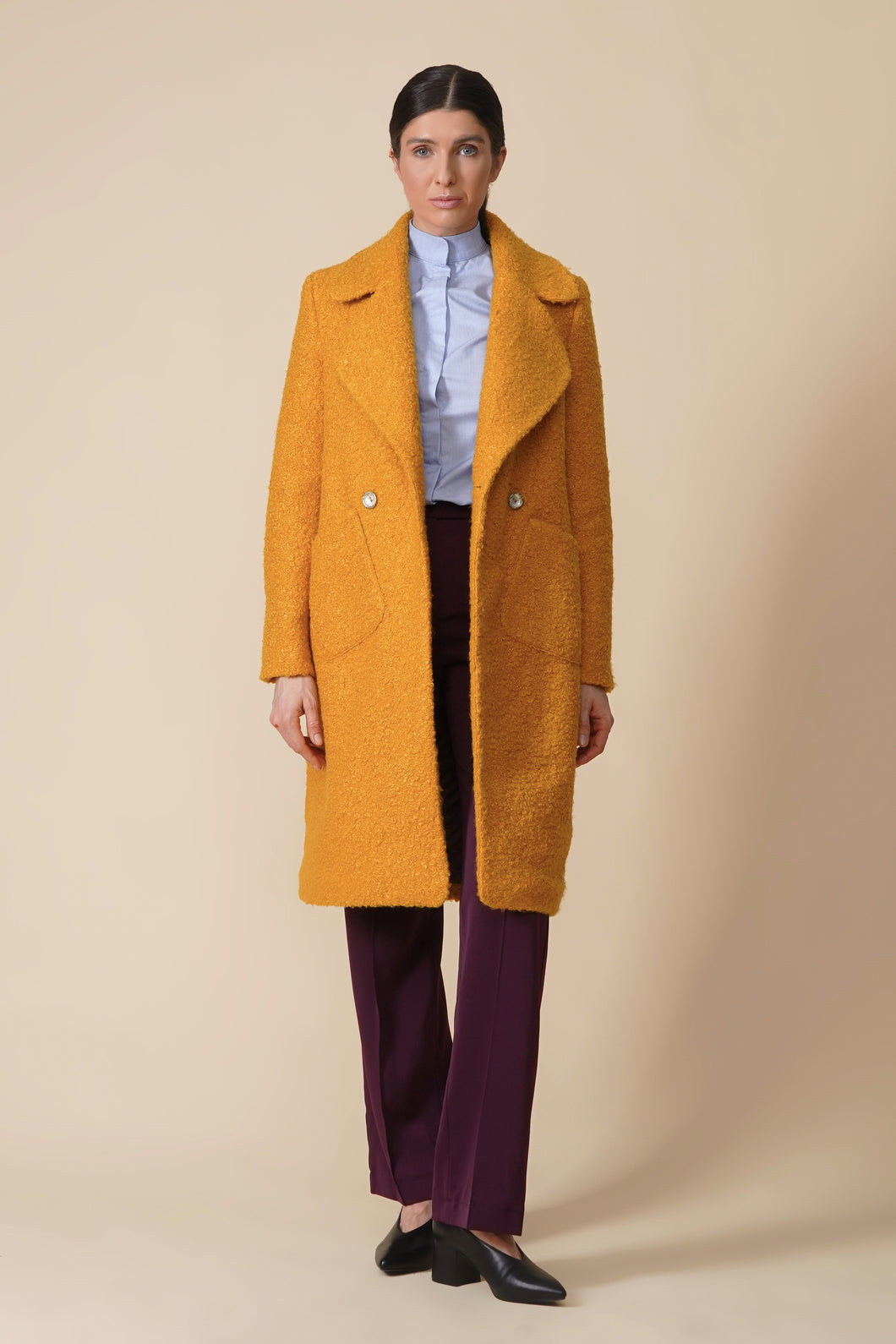 Mustard wool boucle double breasted cloverleaf collar coat