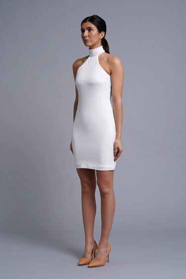 Jersey Mini Dress with High Neck, Cold Shoulders & Fitted Silhouette –  TAVROVSKA
