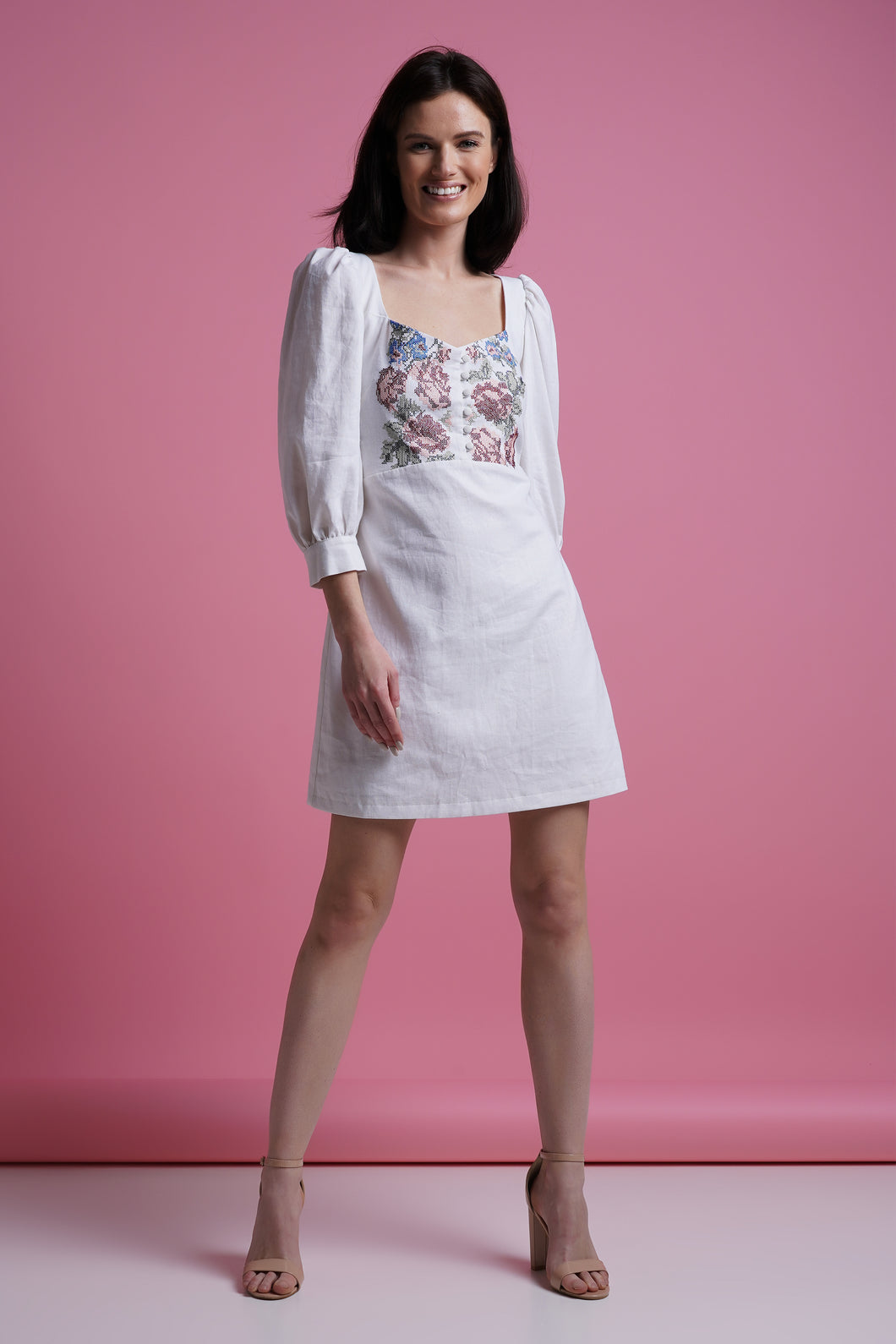 White linen embroidered ethnic short dress with puffy sleeves